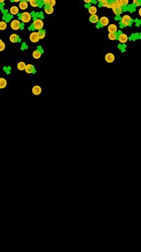 Lucky Irish shamrock leaf and gold Euro coins falling on St Patrick's Day. Animated overlay with transparent background alpha