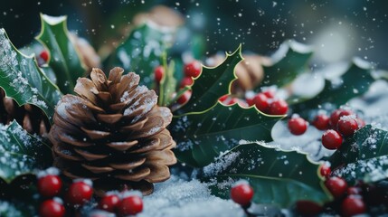 A close-up of pinecones and holly leaves with snow on the ground, festive and wintery, ultra-detailed, 4k
