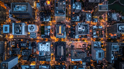 Night aerial view of city buildings with street lights. Ideal for urban, travel, or tech content
