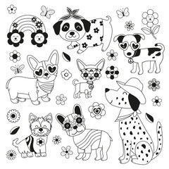 Obraz premium set of isolated outline retro hippie Dog and flowers