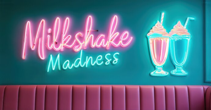 Neon sign milkshake madness electric turquoise soft pink floating vintage style diner cups whipped cream designs - Powered by Adobe