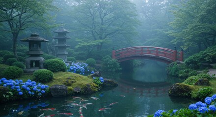 Serene Japanese garden with a red bridge over a koi pond surrounded by lush greenery and nemophilia flowers