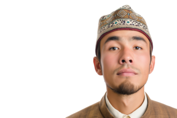 Determined young Uzbek male silk road trader isolated on transparent white background