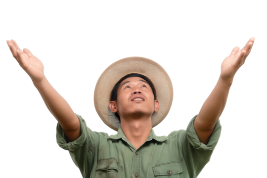 Nervous young Laotian male rice farmer isolated on transparent white background