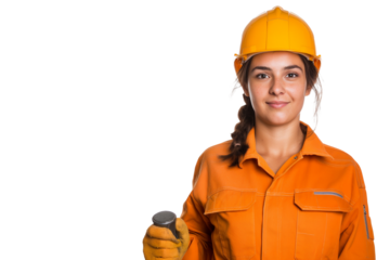 Serious middle-aged Venezuelan female oil rig engineer isolated on transparent white background