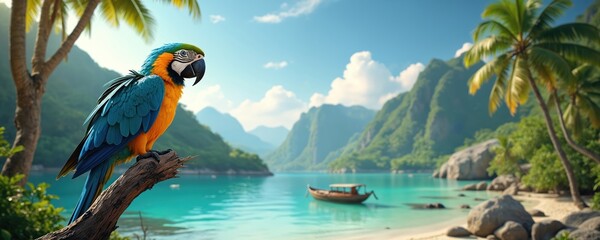 Cute macaw with blue eyes sits on branch at tropical beach. Exotic bird parrot enjoys summer vacation holiday get-away in paradise on sandy coastline at sea shore. Beautiful island landscape.