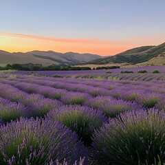 Naklejka premium a vast lavender field in full bloom at sunset, with rolling hills in the background.