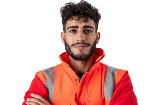 Thoughtful young Syrian male refugee aid worker isolated on transparent white background