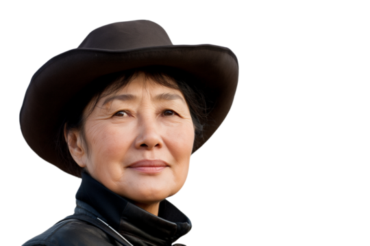 Confident middle-aged Mongolian female horse trainer isolated on transparent white background - Powered by Adobe