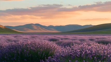 Obraz premium a vast lavender field in full bloom at sunset, with rolling hills in the background.