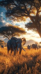 A majestic elephant emerges from a lush, green meadow, its gaze turned rightward. Detailed focus on the wise eyes and textured skin of its regal head