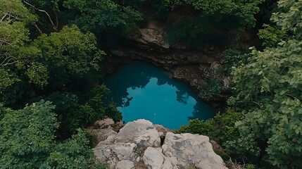 Aerial view of serene turquoise cenote nestled in lush jungle, showcasing calm water reflecting sky, ideal for travel brochures
