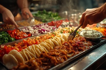 Obraz premium Chefs preparing ingredients for tacos at a buffet restaurant