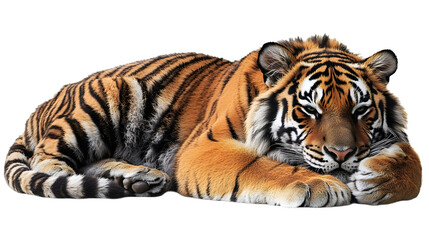 Obraz premium Tiger Lies Peacefully Isolated on White Background