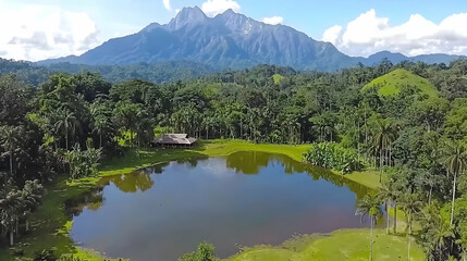 Fototapeta premium Tropical lake house aerial view, mountain backdrop, lush jungle, peaceful retreat