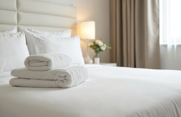 Hotel-style bed with neatly folded white towels placed on top. Room has bedside table with lamp and bouquet. Background is blurred. Window with curtains. Cleanliness, relax, comfort and hospitality.