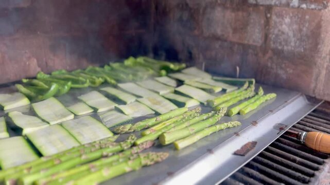 Vegetarian and vegan outdoor barbecue. Grilled peppers, zucchini and asparagus.