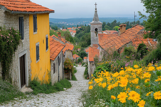 Fototapeta A bustling street in Zminj, Croatia, vibrant and cultural, urban setting.