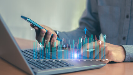 Interest rates and dividends Business development with percentage symbol and up arrow for investment