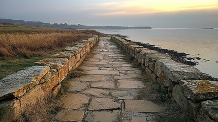 Fototapeta premium Serene Sunset Stroll along Ancient Coastal Stone Path