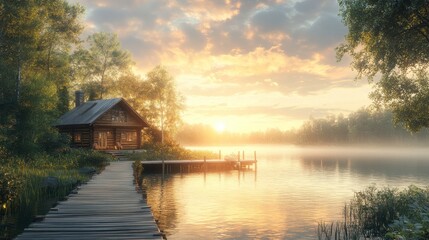 Fototapeta premium A serene lakeside scene featuring a cozy cabin at sunset, surrounded by lush greenery and a tranquil water reflection.