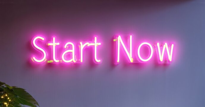 Neon sign start now cyber magenta green floating inside sleek personal development hub softly illuminating minimalist decor