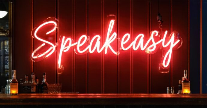 Naklejki Neon sign speakeasy vintage gold deep burgundy glowing hidden bar entrance softly reflecting antique wooden counter