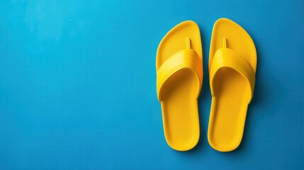 A pair of bright yellow summer slippers rests on a vibrant blue background.