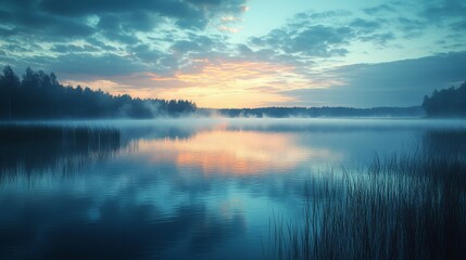 Fototapeta premium A serene lakeside scene at dawn, featuring mist over the water and a colorful sky reflecting on the calm surface.