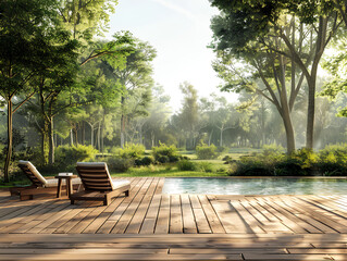 wooden deck with chairs and an outdoor pool, surrounded by trees in the park, is adorned with slatted walls made of natural wood, creating a serene atmosphere for relaxation