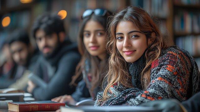 Group of sociology students discussing social deviance in a university setting with books and cultural decorations reflecting Indo Pak heritage