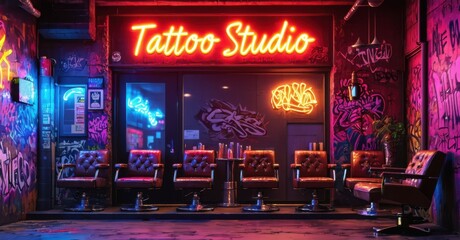Neon sign tattoo studio bright red deep indigo glowing graffiti covered entrance casting shadows leather chairs