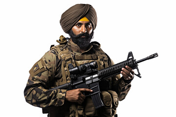 Fototapeta premium Indian Soldier in Uniform on White Background – Proud, Disciplined, and Brave Military Man Representing Strength, Leadership, and Commitment to Service in the Indian Army with Honor and Courage