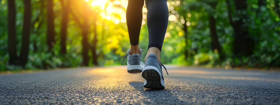 A close-up of the legs and shoes of an individual walking on a park path at sunrise

