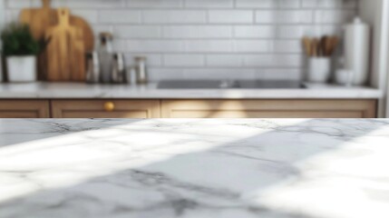 Empty marble countertop on blurred background of home light kitchen, interior design template for product presentation