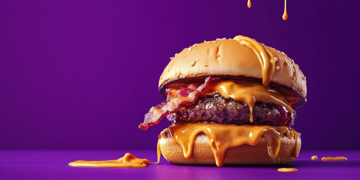 Peanut butter and jelly burger with crispy bacon and gooey peanut butter drizzle on a vibrant purple background