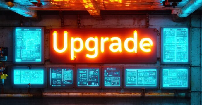 Naklejki Neon sign upgrade progress warm tangerine cyan mounted inside sleek underground lab filled levitating digital panels
