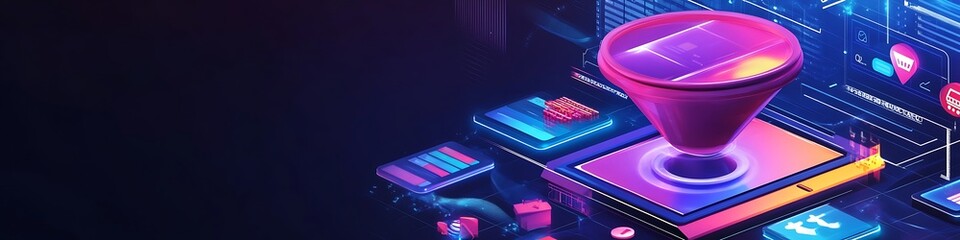 E-commerce sales funnel visualized on a sleek digital platform with vibrant design