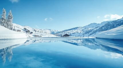 A frozen alpine lake reflecting a ski resort, crisp winter air and clear sky. Copy space available.