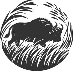 Buffalo walking through tall grass, barely visible animal vector silhouette