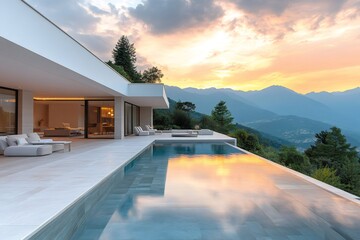 Fototapeta premium Modern infinity pool overlooking stunning mountain view at sunset