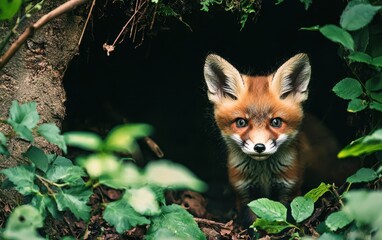 Baby Fox Peeking Out Of A Den Surrounded By Greenery
