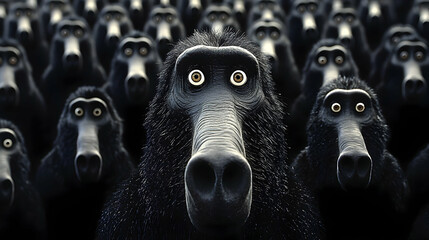 Cartoon monkey crowd staring, digital art, conformity, mass, illustration