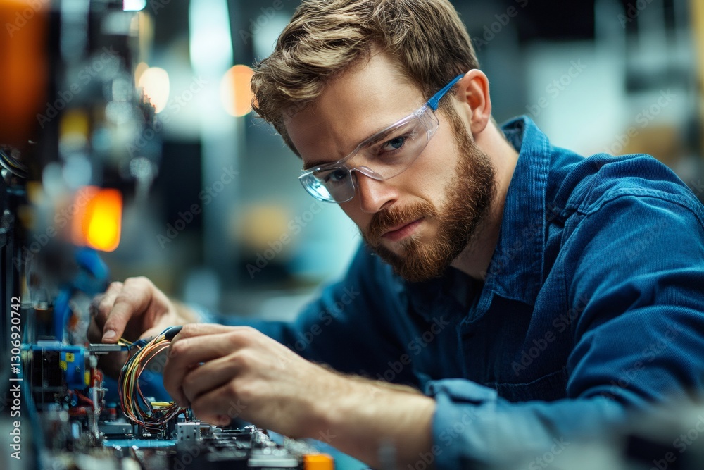 Aufkleber Electrical engineer connecting wires of control panel in factory