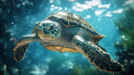 Fototapeta premium A serene underwater scene featuring a turtle gliding gracefully through clear blue waters, surrounded by soft light and aquatic plants.