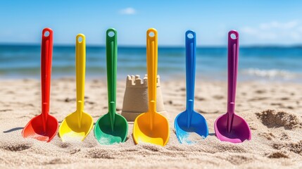 Vivid beach shovels contrast against the golden sand.