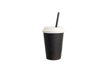 A disposable black cup with a fitted white lid and a slender straw, offering a chic, understated design for a daily caffeine fix in motion, isolated on a transparent background