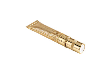 A gold-plated cosmetic tube with intricate engravings and a metallic cap, blending luxury and elegance. The reflective surface emphasizes its opulence, isolated on a transparent background