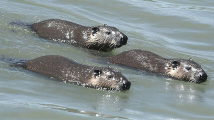 Obraz premium Three coypus swimming in a calm river, aquatic wildlife