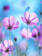 Blooming Cosmos Flowers in a Field with Soft Purple Petals